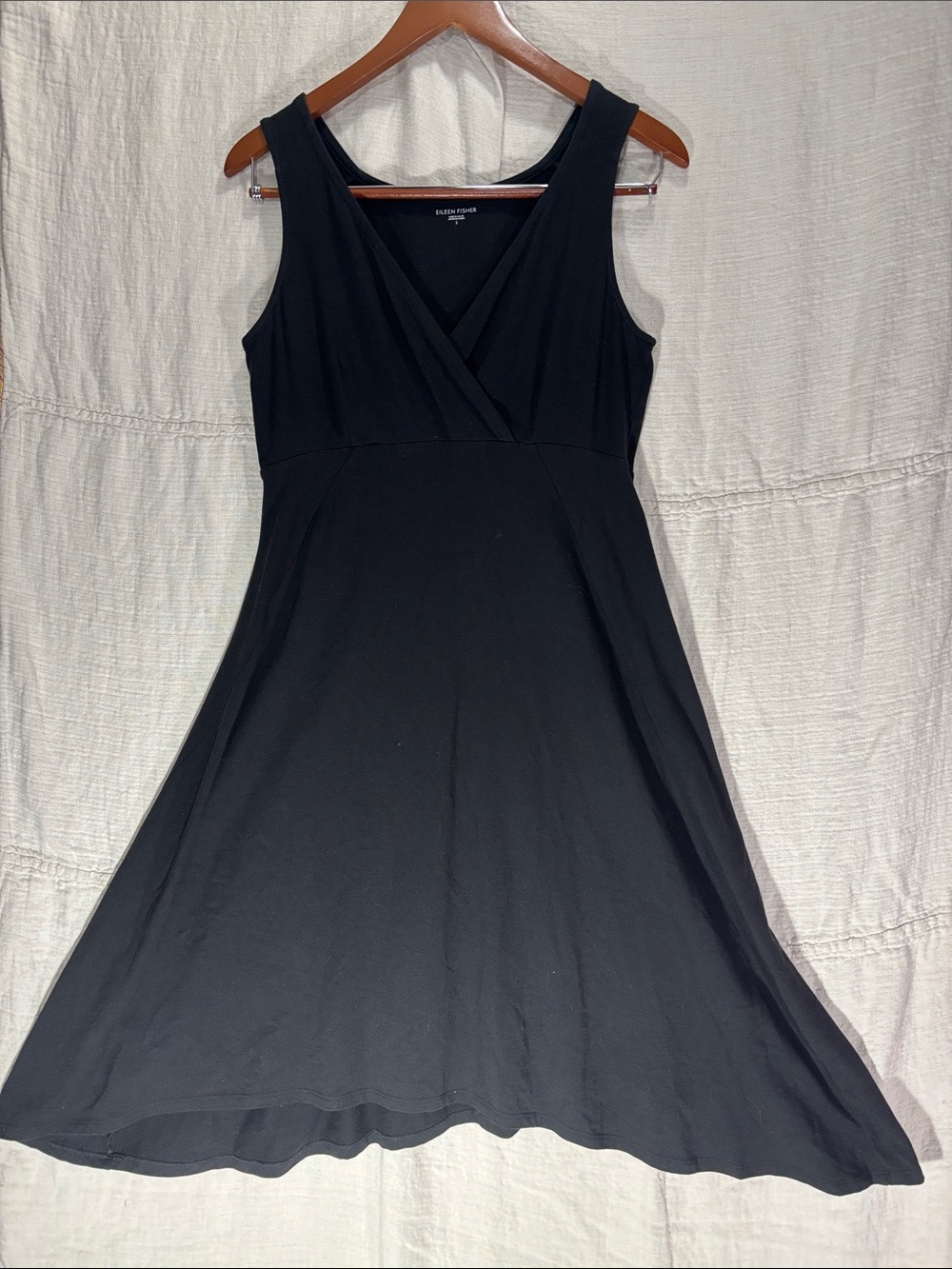 Eileen Fisher Black Organic Cotton Knit Surplice Tank Dress Handkerchief Hem S